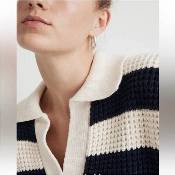 Madewell Antique Cream Striped Waffle-Knit Henley Sweater Size M Relaxed Fit - Picture 7 of 16